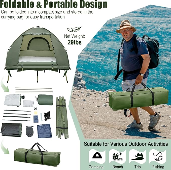 Goplus Camping Tent Cot, 5-in-1 Folding Camping Bed with Awning, Air Mattress, Sleeping Bag, Bedspread, Off Ground Elevated 1-2 Person Cot Tent with Carrying Bag, Air Pump for Camping Picnic Outdoor