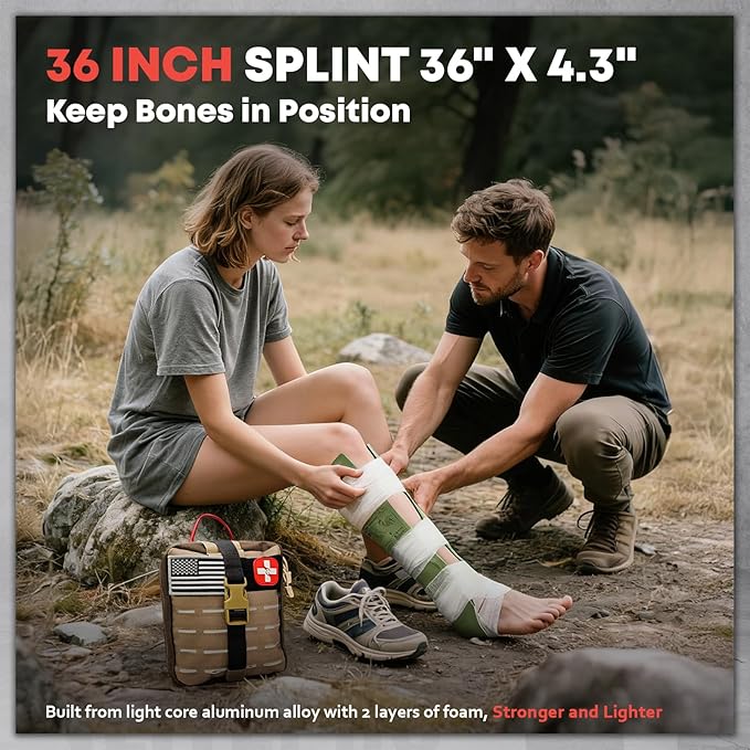 144 Pcs Advanced Trauma First Aid Kit - Emergency Camping Gear with Tourniquet, Compression Bandage, 36" Splint | Portable Survival Gear for Outdoor, Home, Camping- Gift for Husband Dad and Wife-Brown