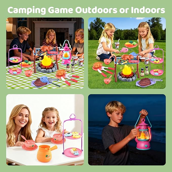 Kids Camping Toys Set 50 PCS with Campfire, BBQ Grill, Food Toy and Lantern Kids Camping Gear with Storage Bag for Pretend Play, Outdoor Indoor Learning, Christmas Birthday Gift for Toddlers Ages 3-5