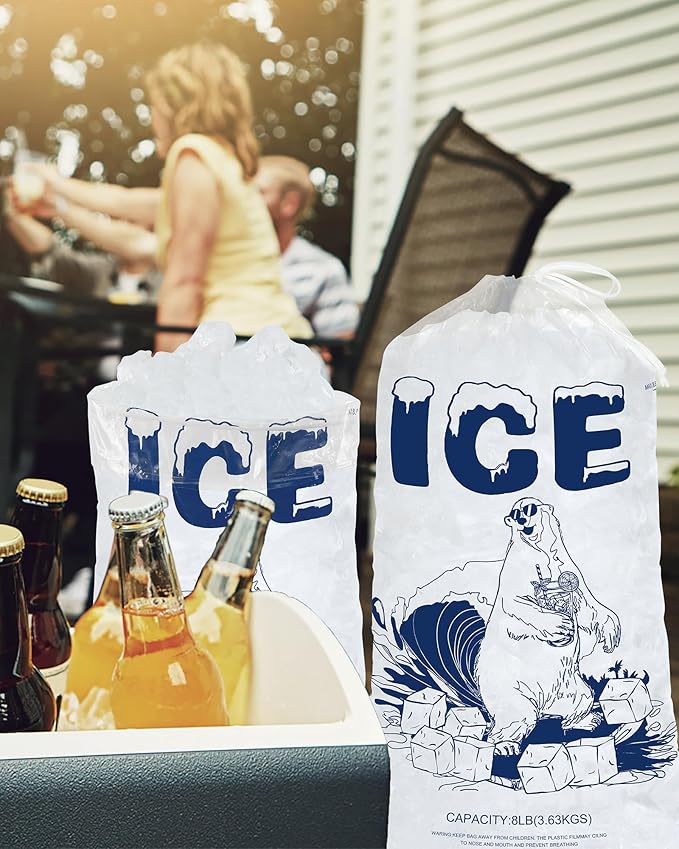 8lb Ice Bags with Drawstring – 100 Pack Heavy-Duty Plastic Ice Storage Bags, Freezer-Safe & Reusable, Leak-Resistant for Coolers, Camping, Parties, Catering