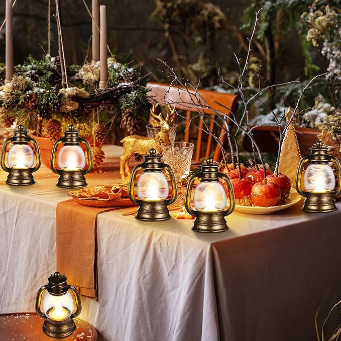 Ferraycle 12 Pcs Mini Lantern Decor 4 Inch Western Lantern Table Centerpiece Small Vintage Camping Hanging Lamp Ornaments Bulk for Cowboy Cowgirl Wedding Halloween Christmas (4 Inch,Retro Gold)