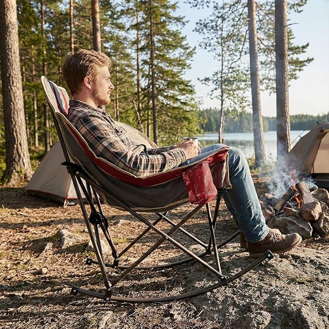 SUNNYFEEL Heated Rocking Camping Chair 2 Pack Fully Padded Patio Folding Chair Portable Oversized Outdoor Rocker High Back Lawn Recliner with Side Pocket Camp Rocker Chairs for Adults 500 LBS Red