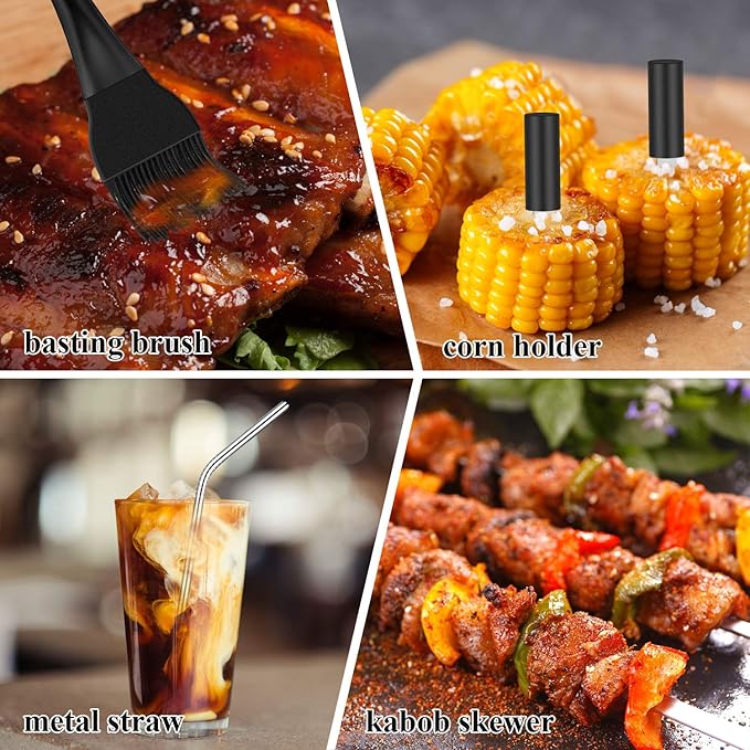 ROMANTICIST 25pcs Extra Thick BBQ Grill Accessories, Father's Day Grilling Gifts Set for Men Dad, Heavy Duty Grill Tools Utensils Kit with Spatula, Tongs in Aluminum Case for Birthday Black