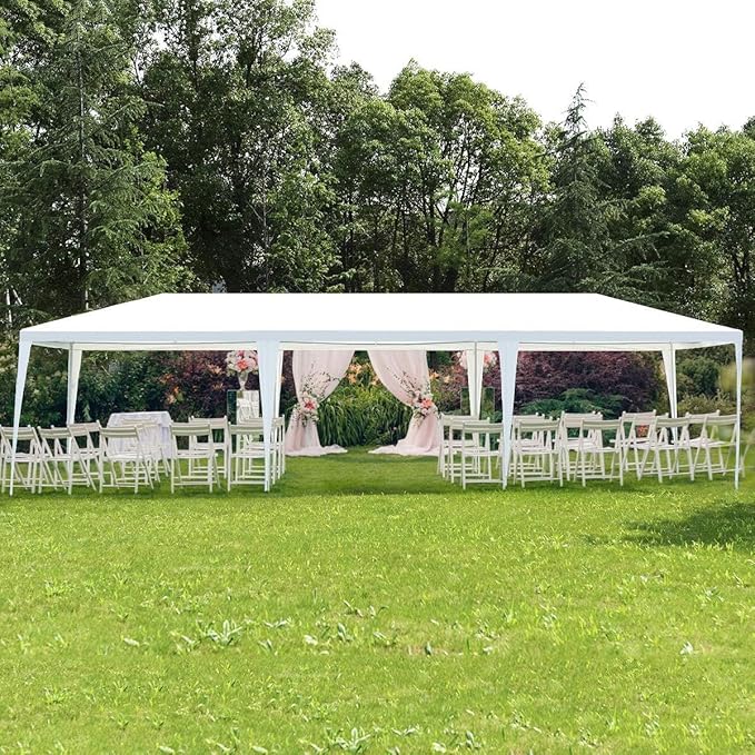 Tangkula 10x30 Ft Canopy Tent, Heavy Duty Party Tent with 5 Removable Sidewalls, Wind Ropes, Ground Stakes, Outdoor White Wedding Tents for Parties, Events, Backyard