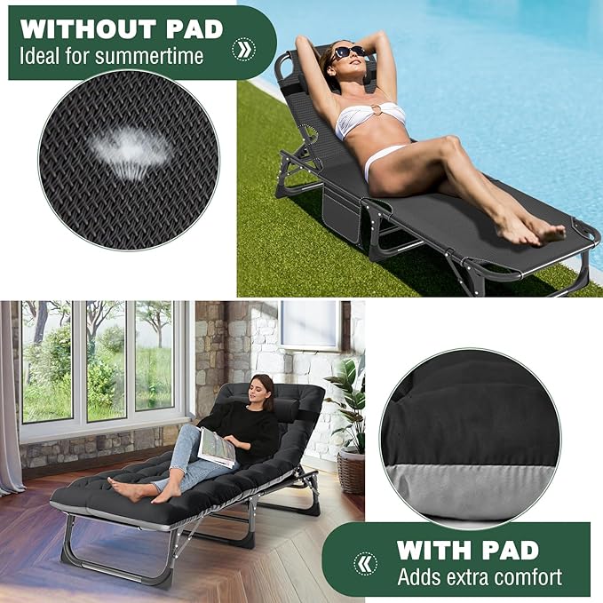 LILYPELLE Folding Outside Chaise Lounge Chair with Mattress, 5 Position Adjustable Patio Folding Lounge Chair Reclining Chairs Perfect for Sunbathing, Camping, Pool, Beach, Patio