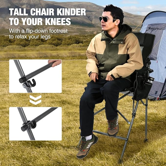 Extra Tall Folding Chairs for Adults 330lbs with Adjustable Backrest, Portable Bar Height Foldable Director Chairs with Lumbar Support, Comfortable with High Back and Footrest, Black
