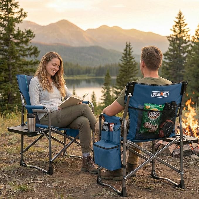 Overmont 2PCS Oversized Lightweight Camping Chair - Portable Comfortable Heavy Duty Foldable Directors Chairs with Side Table & Cooler Bag for Outside Camp Beach Picnic Lawn and Fishing Support 400lbs