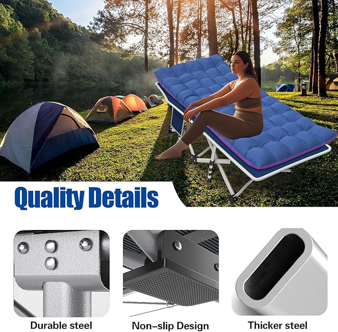 Cot Camping Cot with Thick Pad Cots for Sleeping Camping Bed Folding Cot 450LBS(Max Load) Comfortable Double Layer Oxford Heavy Duty with Carry Bag for Home Outdoor Travel