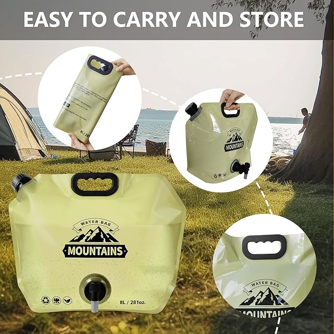 Collapsible 8L Water Storage Bag, BPA-Free Portable Folding Water Jug with Adjustable Faucet, Leakproof Emergency Water Bag for Camping, Hiking, Riding, Outdoor Sport (Beige & Green, 4)