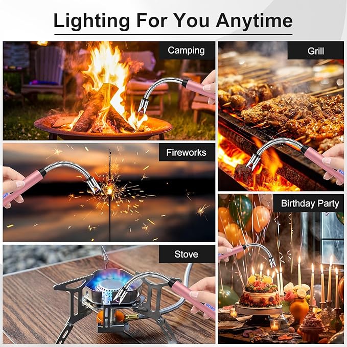 LcFun 3 Pack Candle Lighter with 360° Flexible Neck & Safety Lock, Windproof USB Rechargeable Electric Lighter, Flameless Arc Long Matches for Grill, BBQ, Camping, Fireplace, Stove (Gold,Pink,Silver)