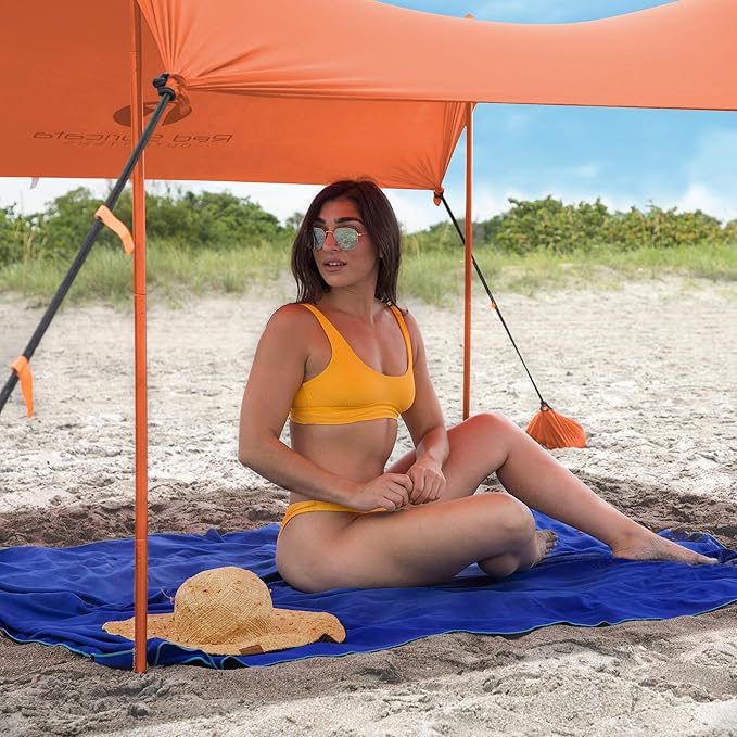 Red Suricata Family Beach Tent & Canopy, UPF50 Sun Shade, 4 Aluminum Poles, Sand Shovel, Large Portable Sun Shelter (Large, Orange)