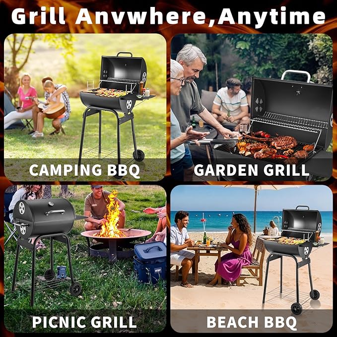 Barrel Charcoal Grill, Large Charcoal Grills with Side Shelf, Outdoor BBQ Grill,Perfect for Backyard Camping, Patio Parties, and Picnics