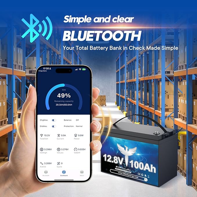 12V 100AH LiFePO4 Lithium Battery with Bluetooth, Max.1280Wh Energy, Low Temperature Protection, Group 31, Built-in 100A BMS, Perfect for Trolling Motor, RV, Boat, Solar Off-Grid