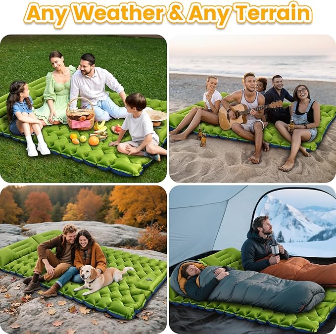 Double Sleeping Pad, Ultralight 4in Extra-Thick for 2 Person with Built-in Pillow & Foot Pump Sleep Mat, Compact Inflatable Camping Mat for Backpacking Hiking Travel Tent Camp Gear Gifts