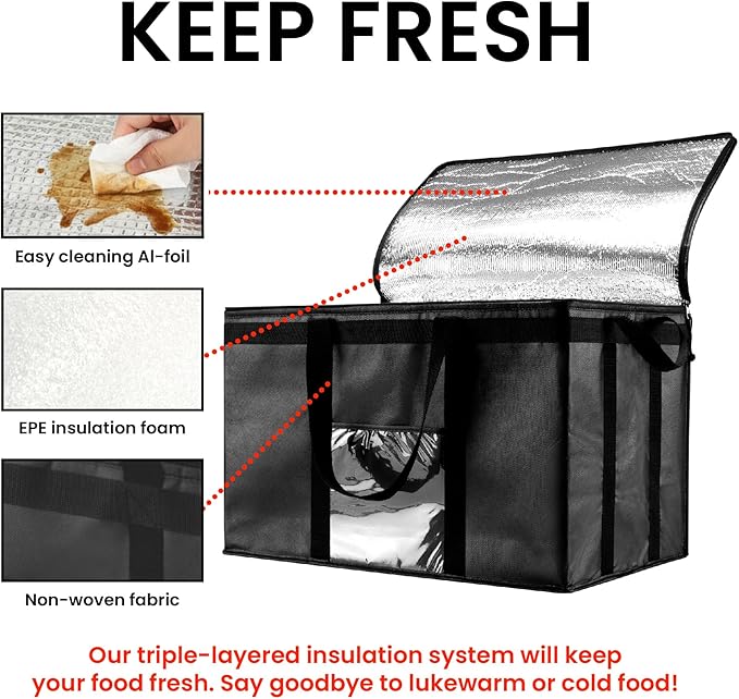 NZ home Insulated Bags for Food Delivery (3XL) Grocery Shopping Cooler Bag, Pizza Delivery, Hot & Cold Catering Tote, Reusable, Foldable & Heavy Duty (Black)