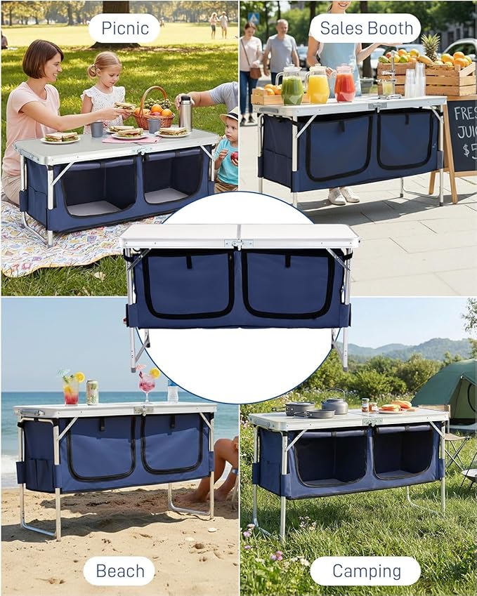 Outvita Folding Table, 4FT Aluminum Camping Table with Large Storage Space and Adjustable Height Picnic Table Lightweight for Carring Outdoor Party Events Beach