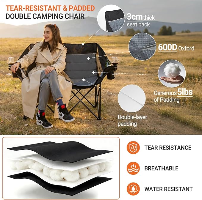 Double Camping Chair for Adults - Heavy Duty 700LB Oversized Padded Camping Loveseat, 2 Person Folding Outdoor Chair with Cup Holders for Lawn, Backyard (Grey)