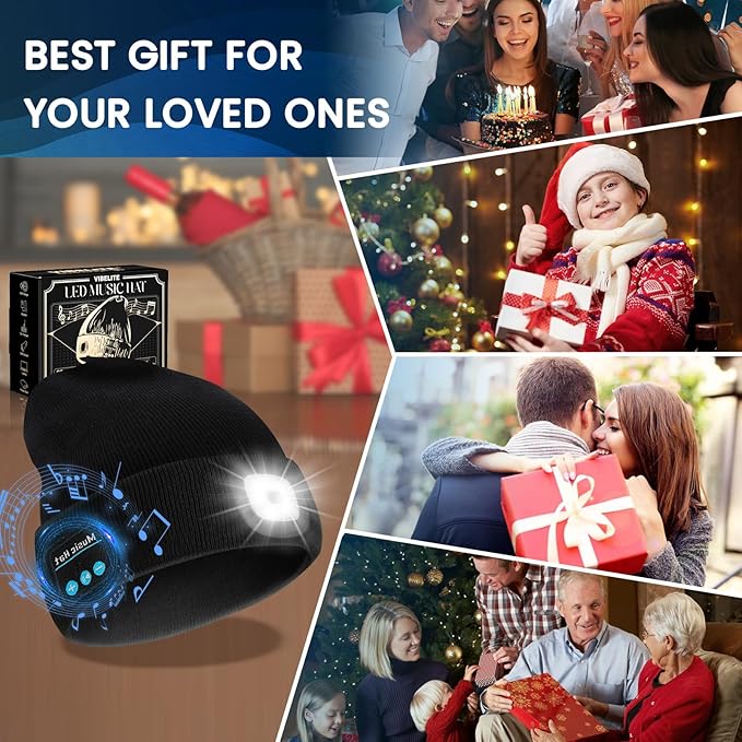 VIBELITE Bluetooth Beanie Hat with Light, Gifts for Men, USB Rechargeable LED Headlamp with Wireless Headphones, Birthday Gifts for Men, Dad, Him, Teen Boys, Husband, Women, Boyfriend, Black
