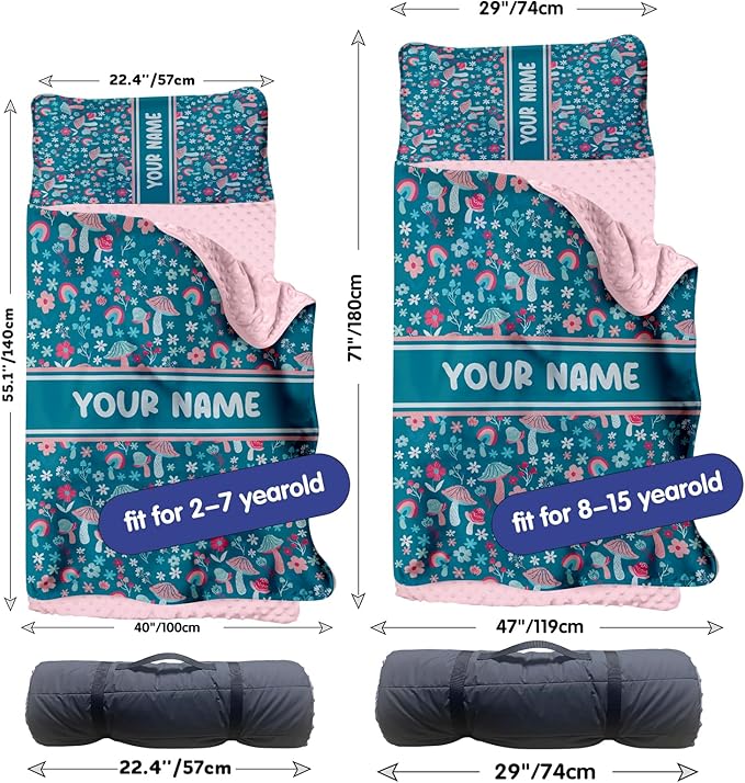 Personalized Toddler Nap Mat for Preschool, Custom Name Kids Sleeping Bag for Daycare, Kindergarten Roll Up Sleeping Mat with Removable Pillow and Soft Blanket, Fun Themes for Boys & Girls