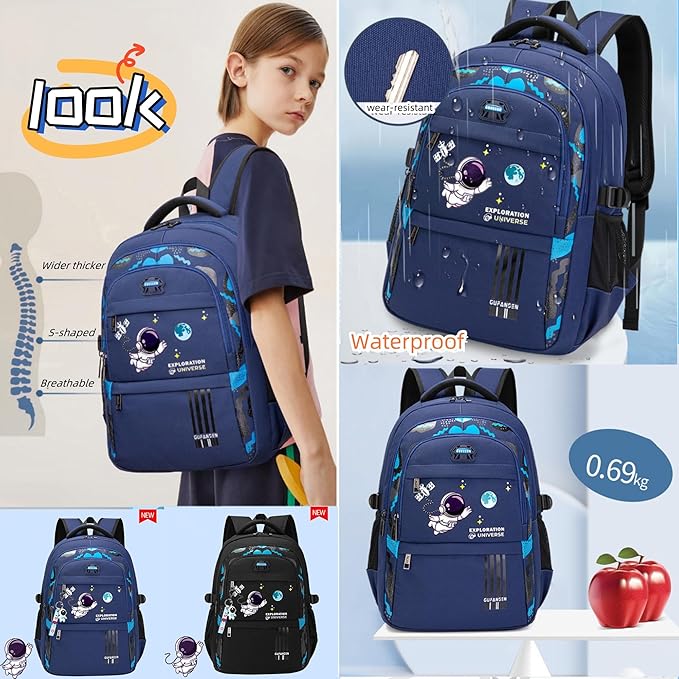 ZHANAO Backpack Set for Boys Astronaut Schoolbag with Lunch Box Pencil Case Set Bookbags for Kids Children Waterproof Lightweight Backpacks
