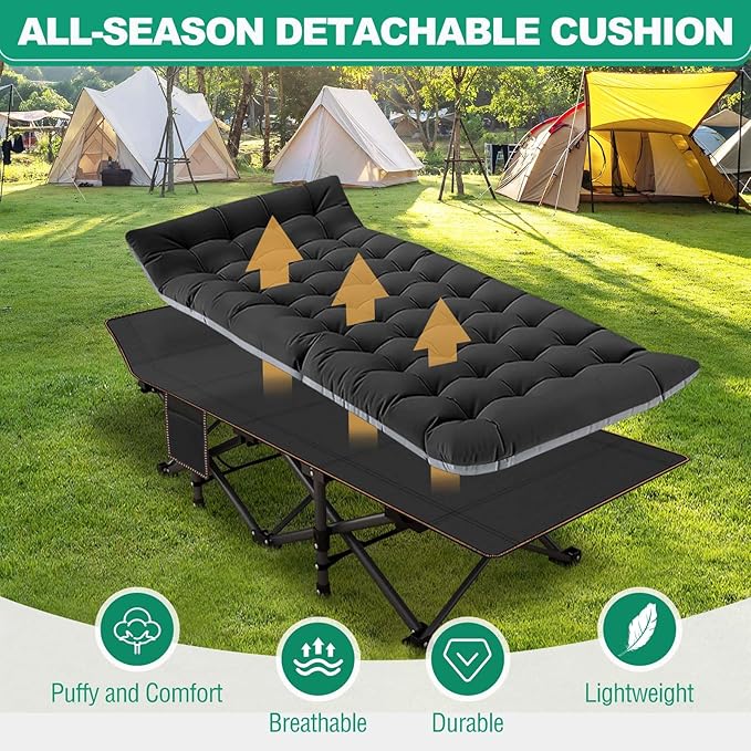 LILYPELLE Folding Camping Cot, Extra Wide Heavy Duty Sleeping Cots with Carry Bag, Double Layer Oxford Portable Travel Camp Cots for Home, Office Nap and Outdoor Beach