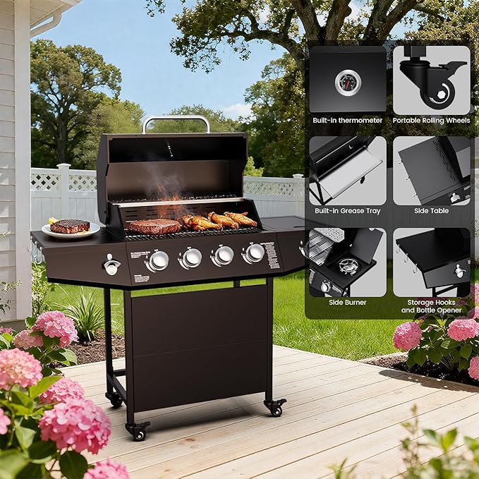 4-Burner Propane Gas Grill with Side Burner, 50,000 BTU Outdoor Gas BBQ Grill with Stainless Steel Grate, Easy-Clean Grease, Outdoor Cooking for Patio, Camping, Backyard