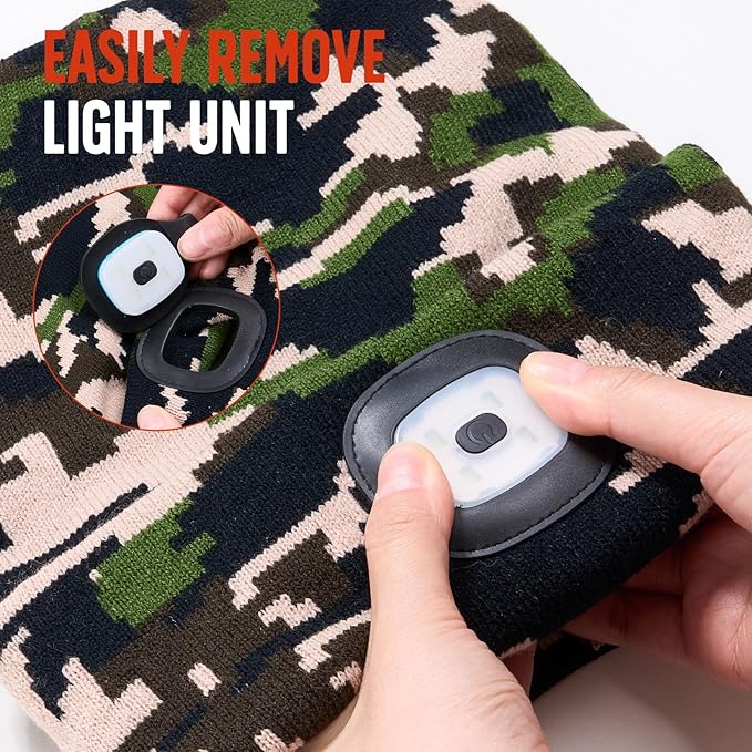 Unisex Beanie Hat with Light, Rechargeable Headlamps Cap, Gifts for Men, Hiking, Camping headlamps, Cool Gadget Birthday Gifts for Men, Women, Dad, Father, Boyfriend, Camouflage