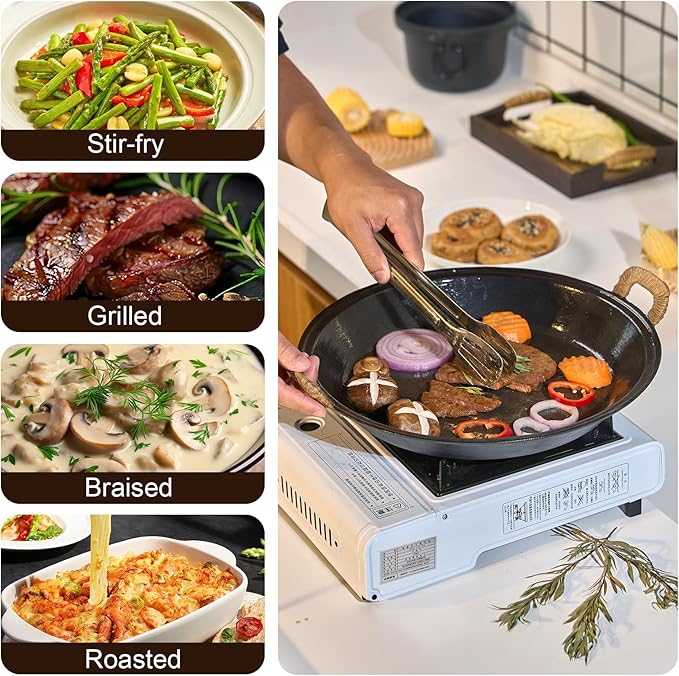 WANGYUANJI 14.2 inch Cast Iron Skillet & Grill Pan – Heavy-Duty Coating-free, Smokeless Flat Bottom, Dual Handles, All Stovetops, Indoor/Outdoor Use - Black
