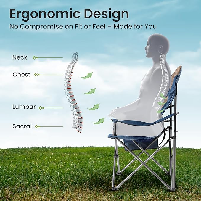 2 Pack Folding Camping Chairs for Adults - High Back Padded Outdoor Lawn Chairs with Lumbar Support & Cup Holder, 400lbs Heavy Duty Portable Camping Chairs Set (Light Blue & Brown, 2 PCS)