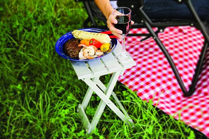 Camco Aluminum Small Outdoor Side Table - Folding Camping Table Supports Up to 130lb - Features Durable Aluminum Construction - Collapses for Easy RV Storage - (51890)