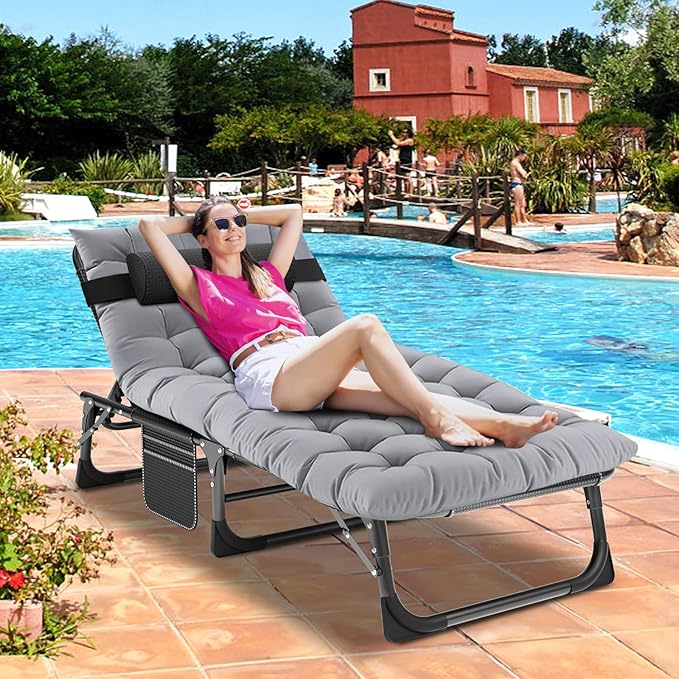 DoCred Folding Lounge Chair with Mattress, 5 Position Adjustable Folding Sleeping Bed Cot Chaise Lounge Chairs Perfect for Sunbathing, Camping, Pool, Beach, Patio
