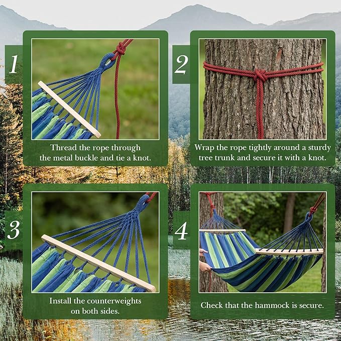 SATINIOR 2 Pack Canvas Portable Camping Hammocks for Outside, 660lb, Large 305 x 150 cm Metal Knot Hanging Hammock with 2 Carrying Bag 4 Tree Strap 4 Anti Roll Balance Beam for Patio Backyard Outdoor