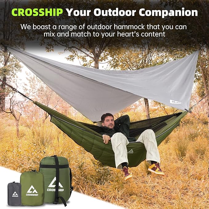 Camping Hammock with Mosquito Net, Underquilt & Rain Fly Tarp – 2 Person Portable Backpacking Hammock Set for Hiking, Backpacking, Travel, Backyard, Beach – Holds Up to 500lbs (Green)