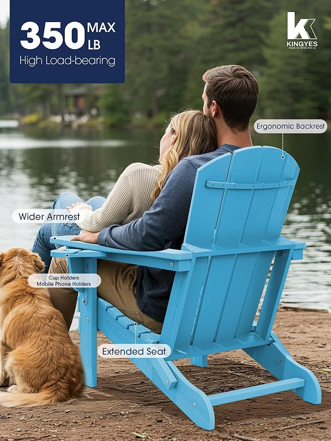 KINGYES Folding Adirondack Chair Set of 2, Dual Cup Holders & All-Weather HDPE, Wood-Like Patio Chair for Backyard, Camping, Pool & Fire Pit, Light Blue