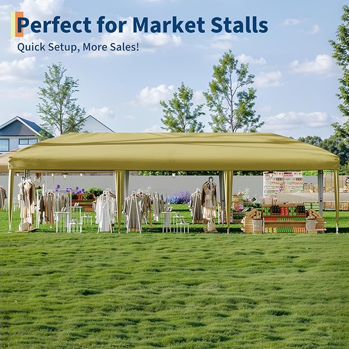 10x30 Pop Up Canopy with 8 SideWalls - Heavy Duty Outdoor Canopy Tent with Portable Roller Bag - 3 Adjustable Height, 4 Weight Bags, 8 Stakes & 6 Guy Ropes Included-Khaki