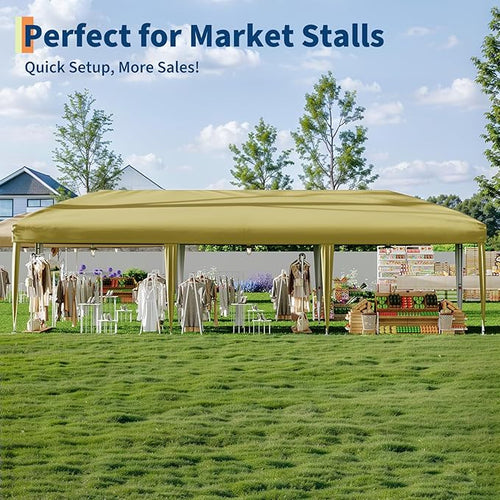 10x30 Pop Up Canopy with 8 SideWalls - Heavy Duty Outdoor Canopy Tent with Portable Roller Bag - 3 Adjustable Height, 4 Weight Bags, 8 Stakes & 6 Guy Ropes Included-Khaki