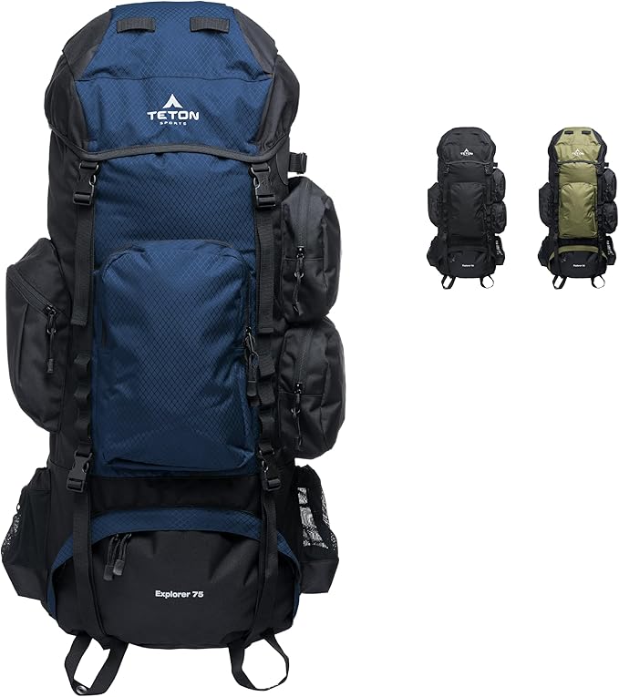 Teton 75L Explorer Internal Frame Backpack for Hiking, Camping, Backpacking, Rain Cover Included, Ocean