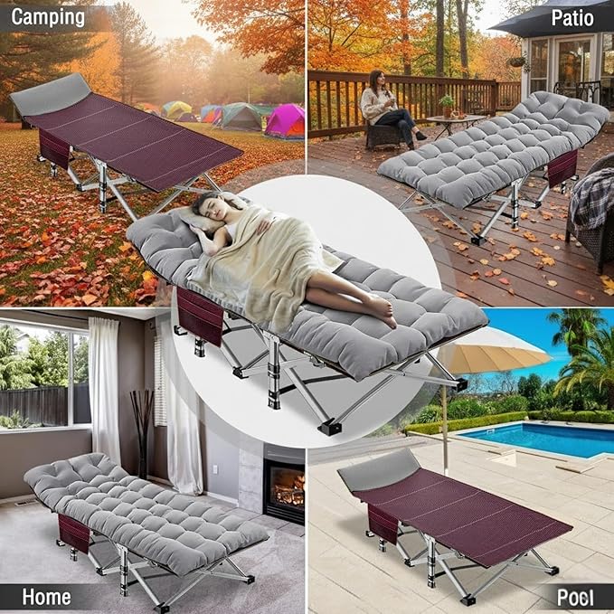 ABORON Folding Camping Cot W/Mat for Adults, Heavy Duty Outdoor Bed with Carry Bag,1200 D Layer Oxford Travel Camp Cots