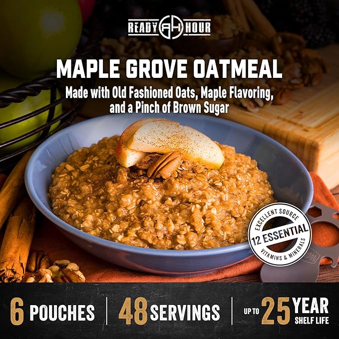 Ready Hour Maple Grove Oatmeal Case Pack – 48 Servings (6 Pouches) – Emergency Food Supply, Long Shelf Life, Maple Flavored Oats, Bulk Breakfast Storage, Instant Oatmeal Packets