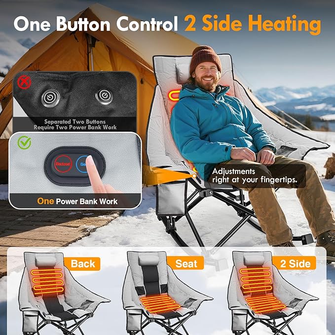 Slendor Heated Camping Chair, Oversized Heated Rocking Chair with Padded Pillow, 3 Adjustable Heat Settings Portable Folding Chair for Outdoor & Indoor Use, Gray, NO Power Bank