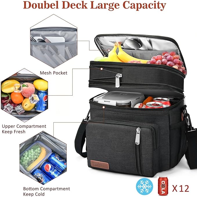 LOKASS Expandable Lunch Box for Women Men | Adult Lunchbag Cooler Tote Bag with Adjustable Shoulder Strap | Insulated Reusable Womens Lunch Bags for Work Camping Beach | 16L, Black