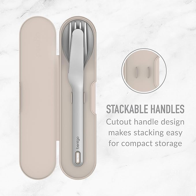 Bentgo Stainless Travel Utensil Set - Reusable 3-Piece Silverware Set with Carrying Case, High-Grade Premium Steel, BPA-Free Case, Eco-Friendly - Ideal for Travel, Camping, and Office Use (Sand)