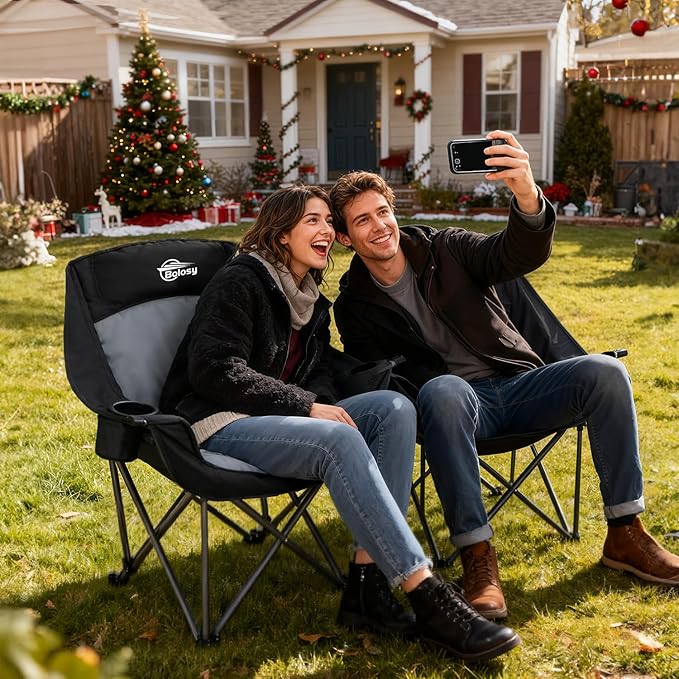 2 Pack Heated Camping Chair - Outdoor Folding Chair with 3 Heat Levels for Back & Seat - Portable Lawn Chair Outdoor Camp Chair (Battery Not Included) Black