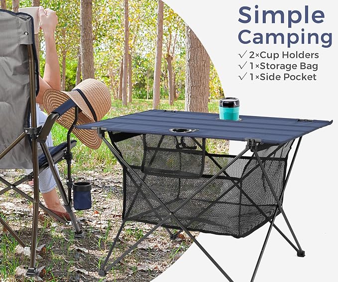 Lightweight Camping Table - Portable Folding Beach Side Table w/2 Cup Holders & Large Storage Basket, Compact Fold for Tailgate Travel Outdoor Fishing Picnic | 29.2" W x 21.7" D (Blue)