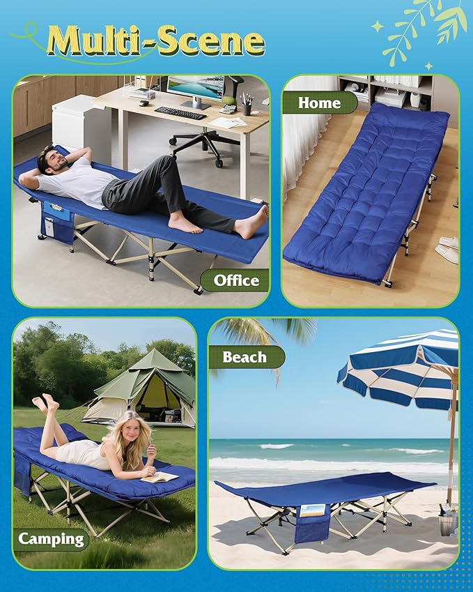 WLIVE 1200D Double Layer Oxford Camping Cots for Adults, Portable Camping Cot Bed with Mattress for Sleeping, Outdoor Folding Bed with Carry Bag for Resting, Camping, Dark Blue