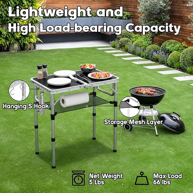 Small Folding Table, Aluminum 24" x 16" Adjustable Height Max 27.5" Folding Camping Table with Carrying Handle, Lightweight, Portable Camp Table for Outdoor Indoor Picnic Beach, Black