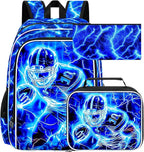 17" Football Backpack for Boy, 3Pcs Lightning Bookbag for Elementary Preschool Kindergarten, Kids School Backpacks with Lunch Box (Blue)