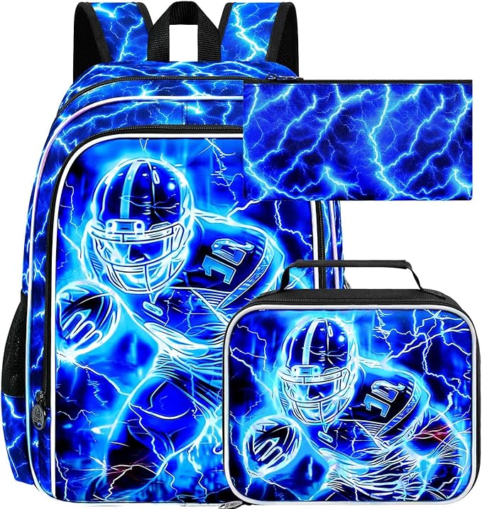 17" Football Backpack for Boy, 3Pcs Lightning Bookbag for Elementary Preschool Kindergarten, Kids School Backpacks with Lunch Box (Blue)