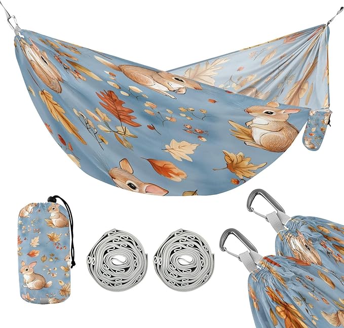 Blue Background Squirrel Camping Hammock Single Portable Hammocks 330 lbs Capacity with 2 Tree Straps and Attached Carry Bag,Perfect for Outdoor,Indoor,Beach,Camping,Travel