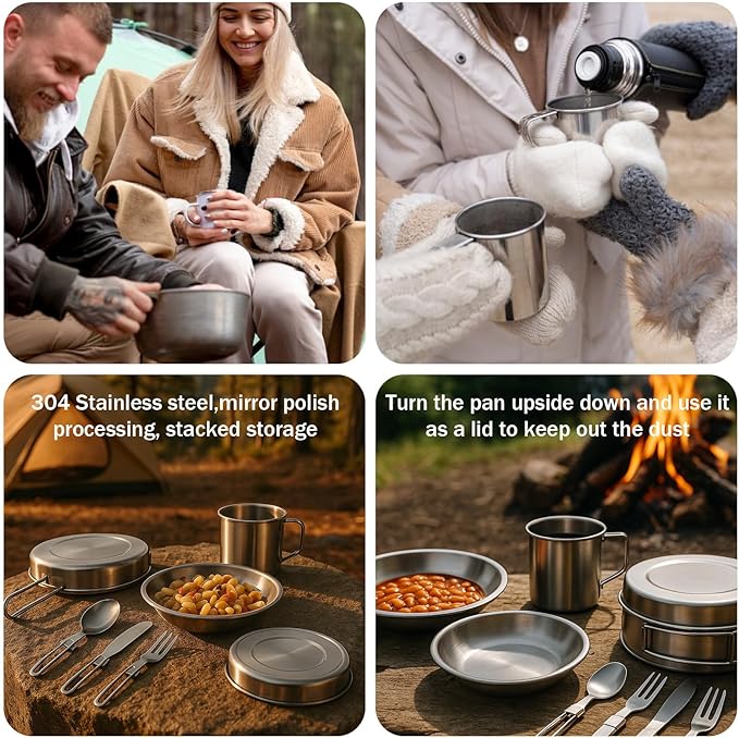 14Pcs Stainless Steel Camping Cookware Set, Lightweight Compact Camping Pots Pans Set with Cups Plates Forks Knives Spoons for Backpacking Camping-Cooking Hiking and Picnic